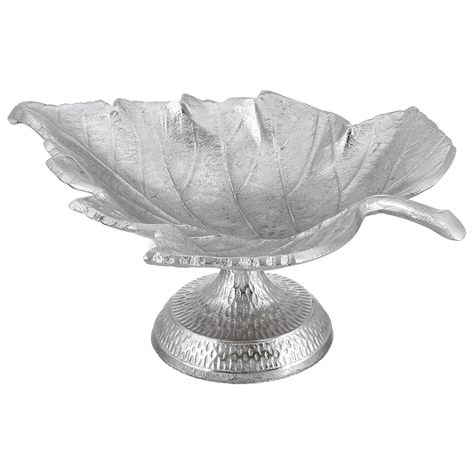 Leaf Shaped Plate with Base For Snacks & Nuts - Silver - Silver Plated Metal - 80005564