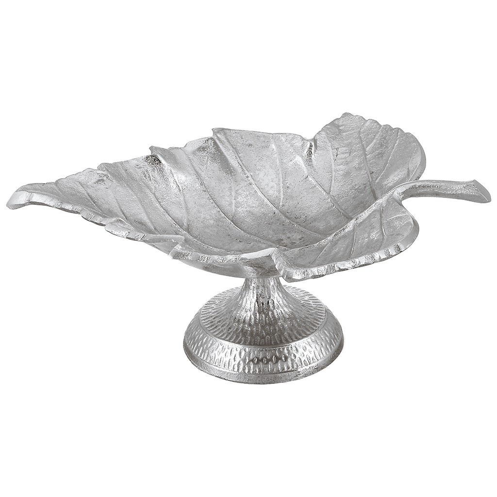 Leaf Shaped Plate with Base For Snacks & Nuts - Silver - Silver Plated Metal - 80005564