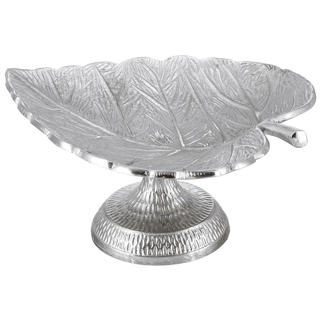 Leaf Shaped Plate with Base For Snacks & Nuts - Silver - Silver Plated Metal - 80005572