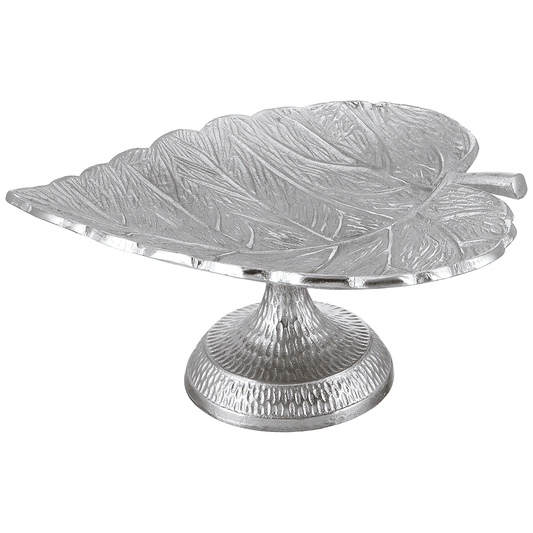 Leaf Shaped Plate with Base For Snacks & Nuts - Silver - Silver Plated Metal - 80005572