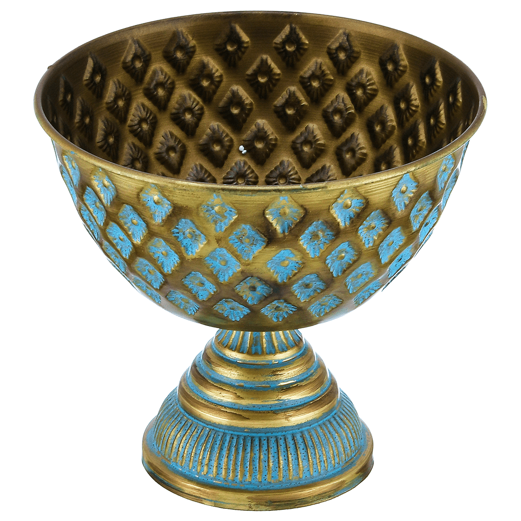 Decorated Bowl with Base For Snacks & Fruits - Light Blue & Gold - Gold Plated Metal - 80005654