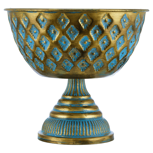 Decorated Bowl with Base For Snacks & Fruits - Light Blue & Gold - Gold Plated Metal - 80005654
