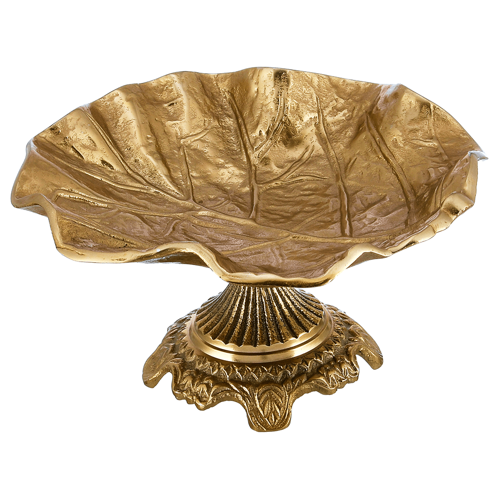 Round Leaf Shaped Plate with Base For Snacks & Nuts - Gold - Gold Plated Metal - 80005681