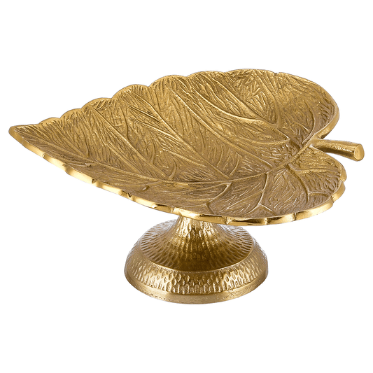 Leaf Shaped Plate with Base For Snacks & Nuts - Gold - Gold Plated Metal - 80005690
