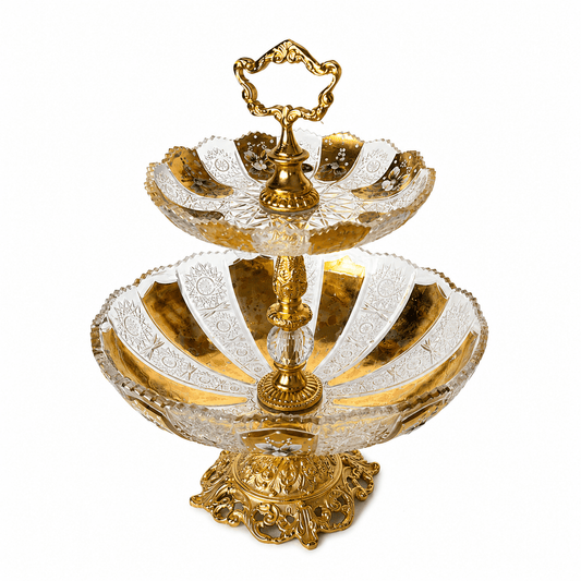 Bohemia Crystal - Round Etagere 2 Levels - 30x38cm - Gold & Floral Design