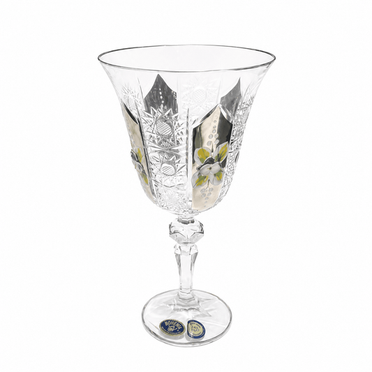 Bohemia Crystal - Goblet Glass Set 6 Pcs - 220ml - Silver & Floral Design