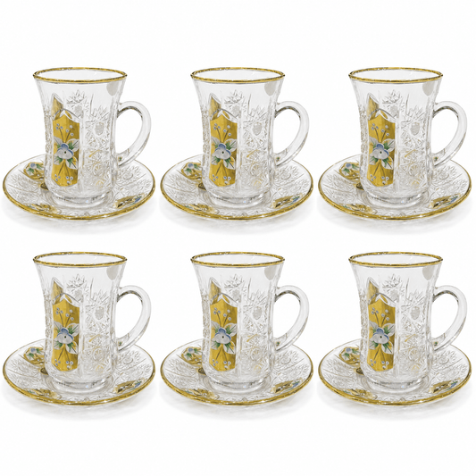 Bohemia Crystal - Istikana Set with Handle & Saucer 6 Pcs - 145 ml - Gold & Floral Design