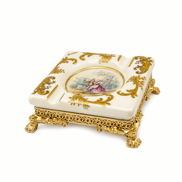 Caroline - Square Ashtray with Gold Plated Legs - Romeo & Juliet - Beige & Gold - 14cm
