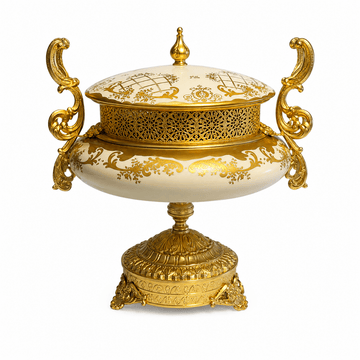 Caroline - Round Imperial Box with Base and Gold Handles - 32x29 cm - Beige & Gold