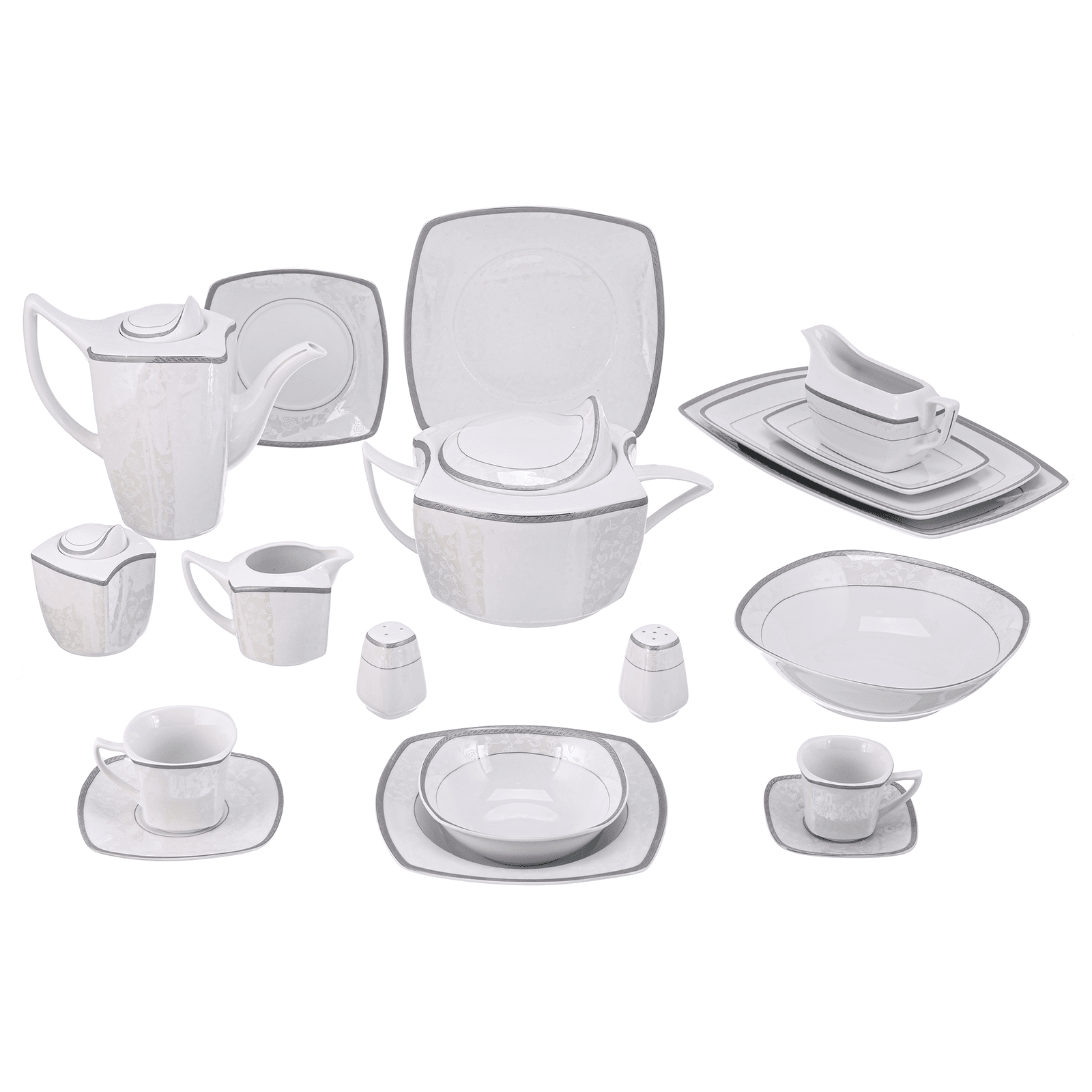 Square Shaped Dinner Set 62 Pieces - Silver - Porcelain