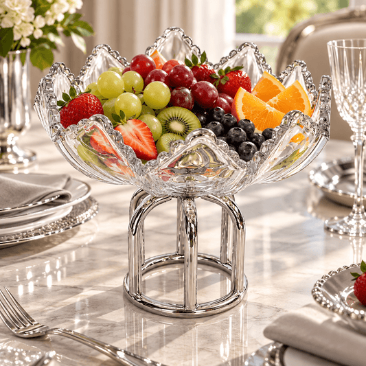 Round Fruit Footed Plate with Metal Base - 18x18 cm - Silver