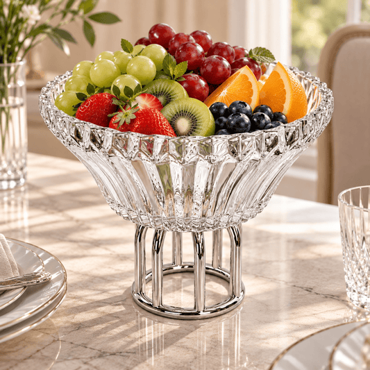Round Fruit Footed Plate with Metal Base- 24x25 cm - Silver