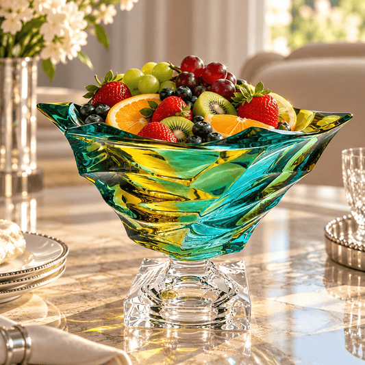 Bohemia Crystal - Footed Modern Bowl - 29x20 cm - Yellow & Green