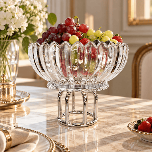 Round Fruit Footed Plate with Metal Base- 22x25 cm - Silver