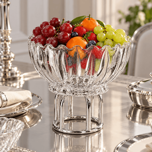 Round Fruit Footed Plate with Metal Base - Silver - 16x19 cm