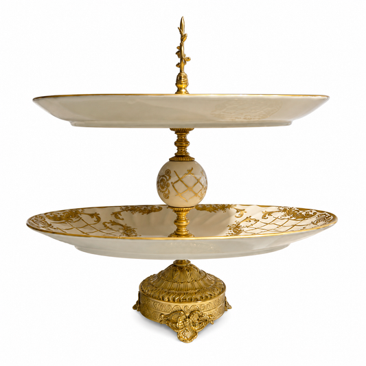 Caroline - Oval Stand 2 Tiers with Gold Plated Base - Imperial- Beige & Gold - 43cm