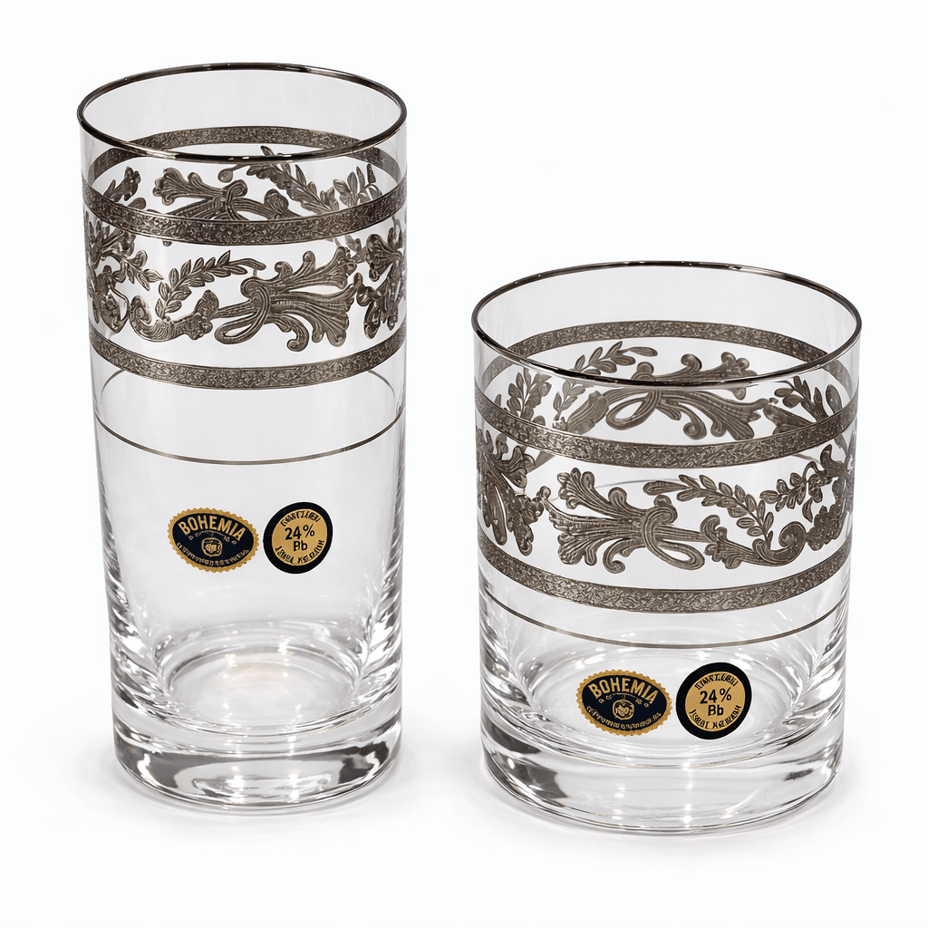 Two decorative glass tumblers with intricate designs and brand logos on a white background