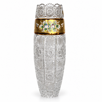 Bohemia Crystal - Hand Cut Vase - 33 cm - Gold & Floral Design