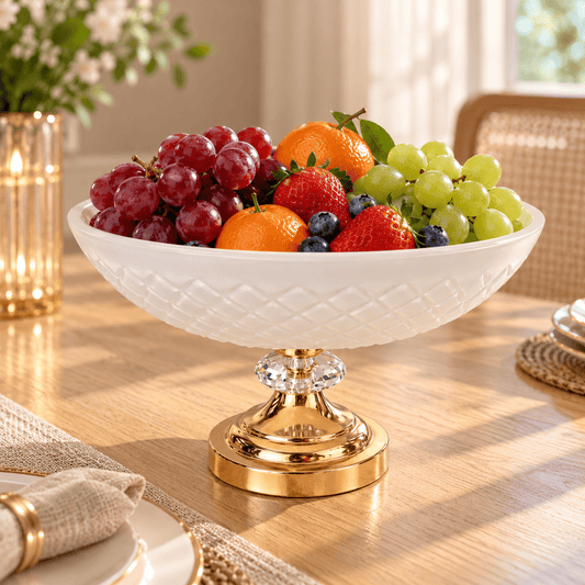 Sandblasted Glass Footed Bowl with Metal Base - Gold - 30x19 cm