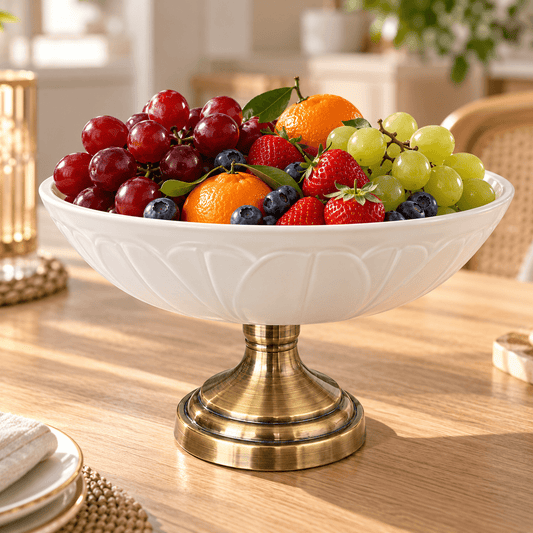 Sandblasted Glass Footed Bowl with Metal Base - Gold -29x18 cm