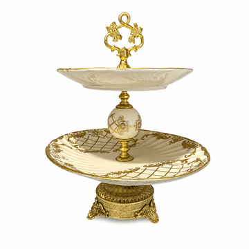 Caroline - Oval Stand 2 Tiers with Gold Plated Base - Imperial- Beige & Gold - 43cm