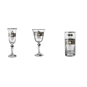 Bohemia Crystal - Glass Set 18 Pieces -Silver & Flowers