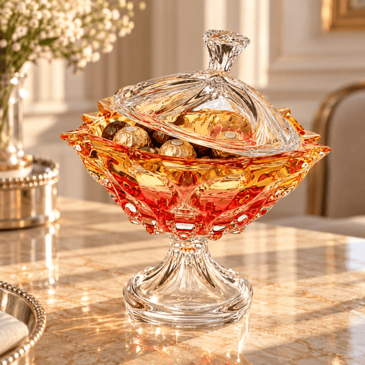 Bohemia Crystal - Footed Modern Box with Cover - 25x18 cm - Yellow & Orange