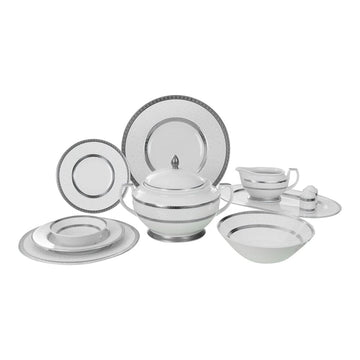 Falkenporzellan - Dinner Set 59 Pieces - White & Silver - Porcelain