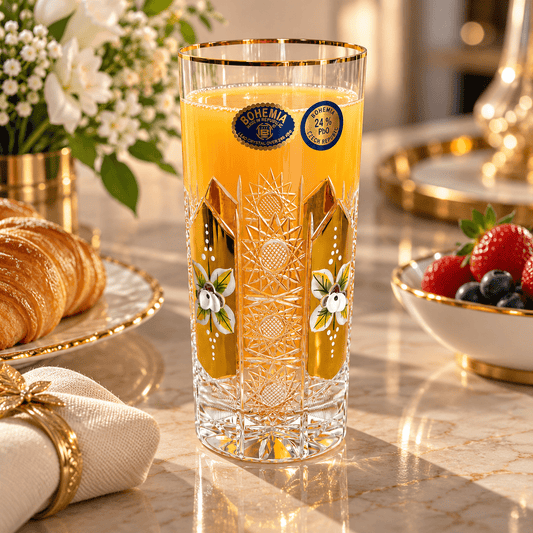 Bohemia Crystal - Highball Glass Set 6 Pcs - 370 ml - Gold & Floral Design