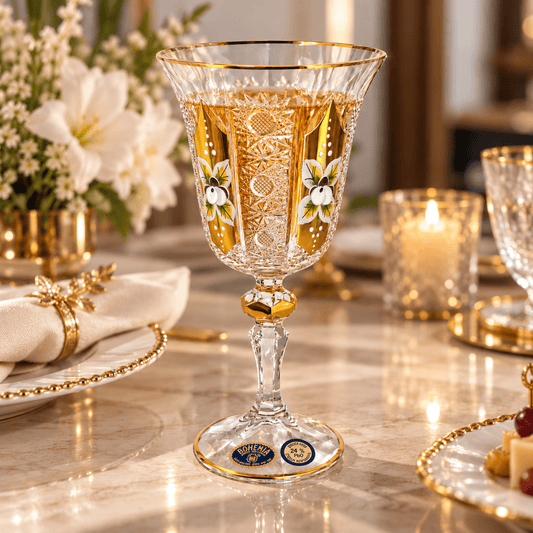 Bohemia Crystal - Goblet Glass Set 6 Pcs - 220 ml - Gold & Floral Design
