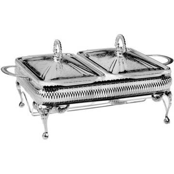Queen Anne - Double Food Warmer With Glass, Cover & Stand - 41x28x19 cm - Silver