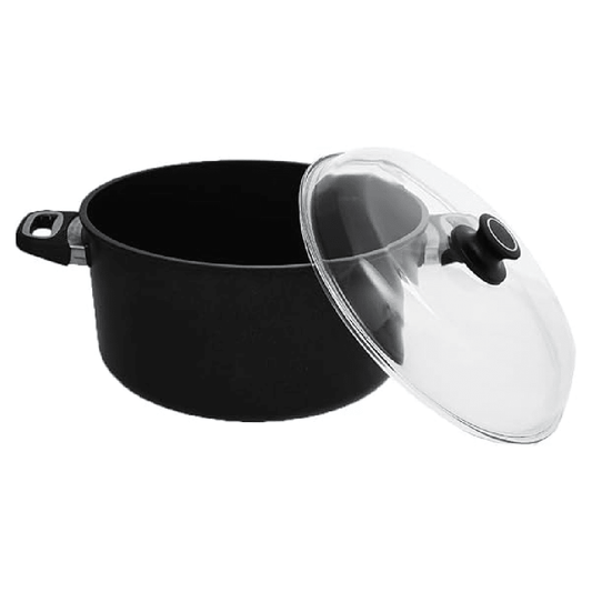 AMT - Round Cooking Pot with Handles Height 16cm Cast Aluminum 32cm Black With pyrex lid 32cm