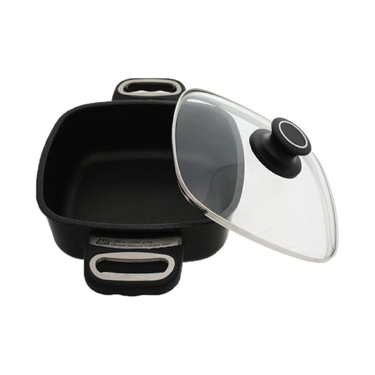 AMT Squared Pot 20 cm x 20 cm with handles - 7 cm,  black with Glass Lid