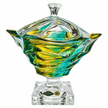 Bohemia Crystal - Footed Modern Box with Cover - 24x17 cm - Yellow & Green