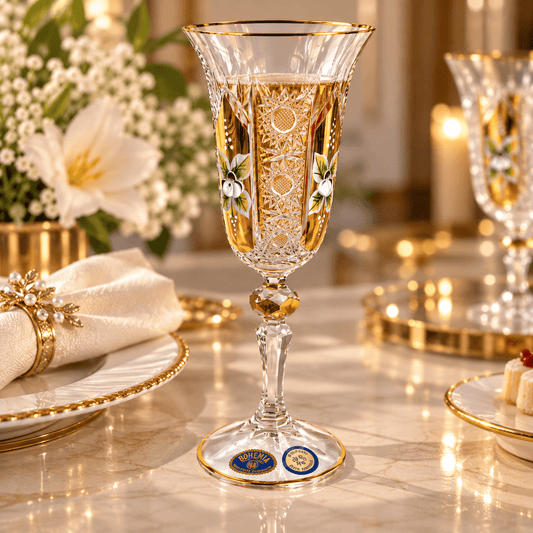 Bohemia Crystal - Flute Glass Set 6 Pcs - 150 ml - Gold & Floral Design