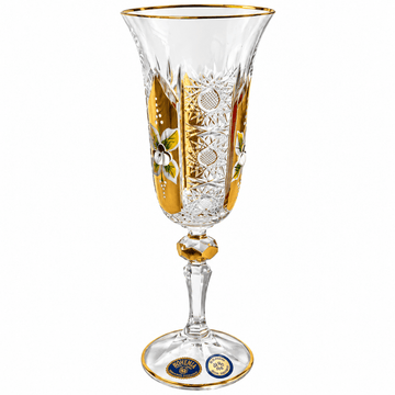Bohemia Crystal - Flute Glass Set 6 Pcs - 150 ml - Gold & Floral Design