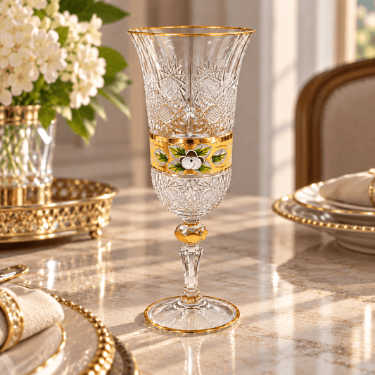 Bohemia Crystal - Flute Glass Set 6 Pcs - 150 ml - Gold & Floral Design