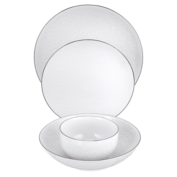 Senzo - Hammered Daily Use Dinner Set 24 Pieces - Silver Rim - Porcelain