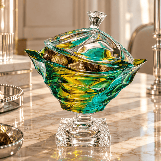 Bohemia Crystal - Footed Modern Box with Cover - 24x17 cm - Yellow & Green