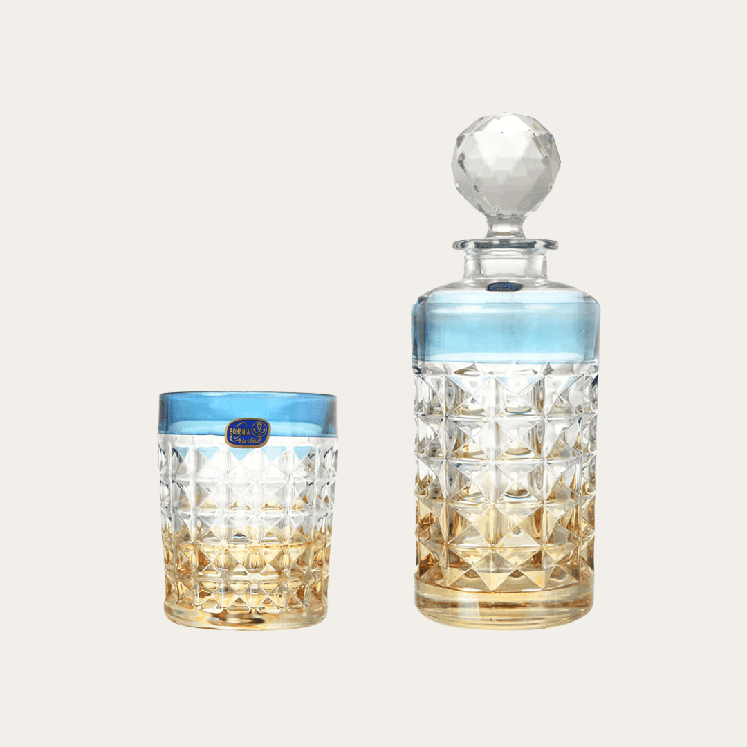Bohemia Crystal - Diamond Drink Set 7 Pieces - Blue & Yellow - Crystal