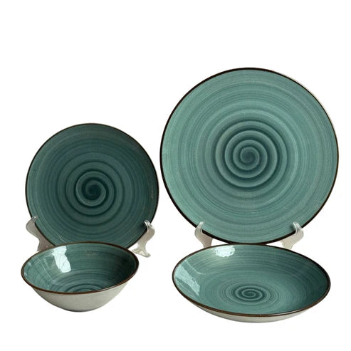 Tulu - Dinner Set 24 Pcs Green with Brown rim