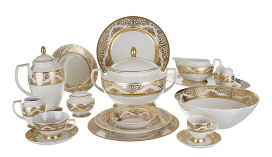 Falkenporzellan - Dinner Set 112 Pieces - Porcelain - Cream & Gold - 13000371