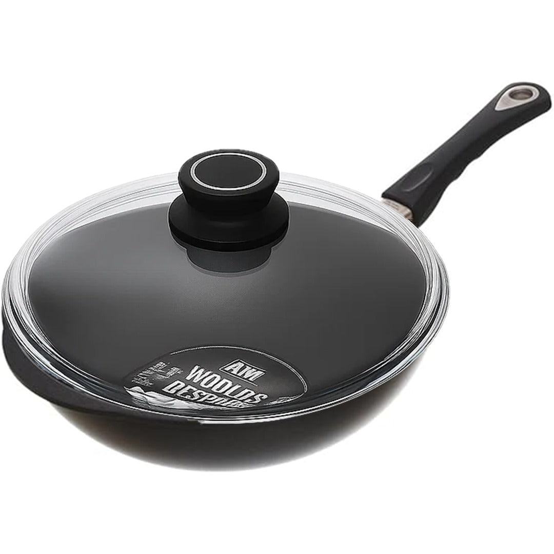 AMT - Gastroguss - Non-Stick Wok Pan 30cm Die Cast Aluminum with Glass Cover- Black