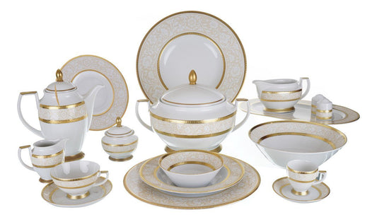Falkenporzellan - Dinner Set  112 Pieces - Porcelain - Cream & Gold - 13000361