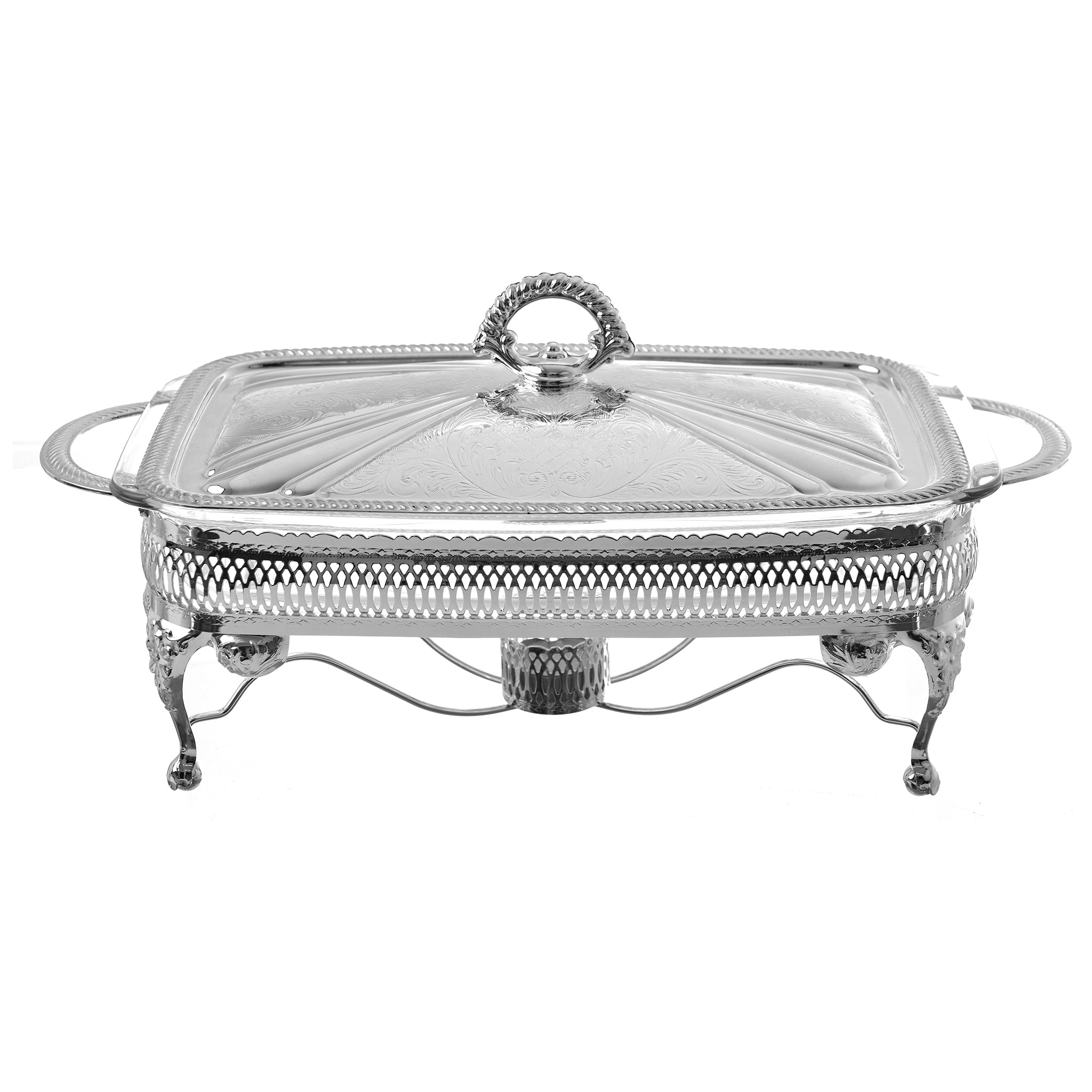 Queen Anne - Rectangular Food Warmer With Handles & Glass - Silver Plated Metal - 38x20x18.5cm - 26000204