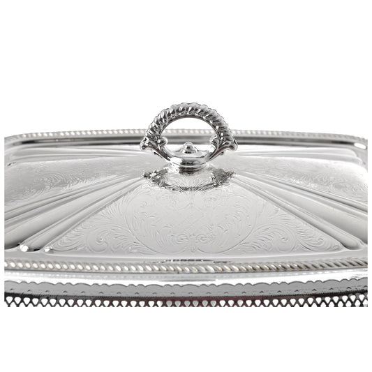 Queen Anne - Rectangular Food Warmer With Handles & Glass - Silver Plated Metal - 38x20x18.5cm - 26000204