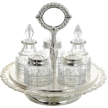 Queen Anne - Revolving Cruet Set 5 Pieces with Stand - Silver Plated Metal, Glass & Plastic - 26000226