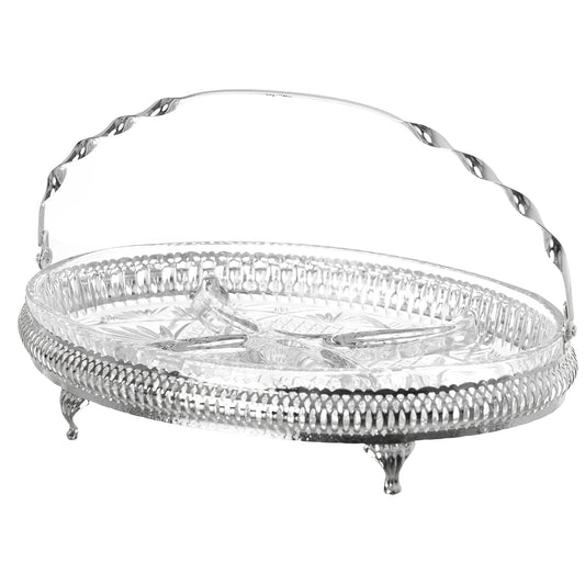 Queen Anne - Oval Hors d'oeuvre 4 Parts with 1 Serving Fork - Silver Plated Metal & Glass - 29x20cm - 26000227