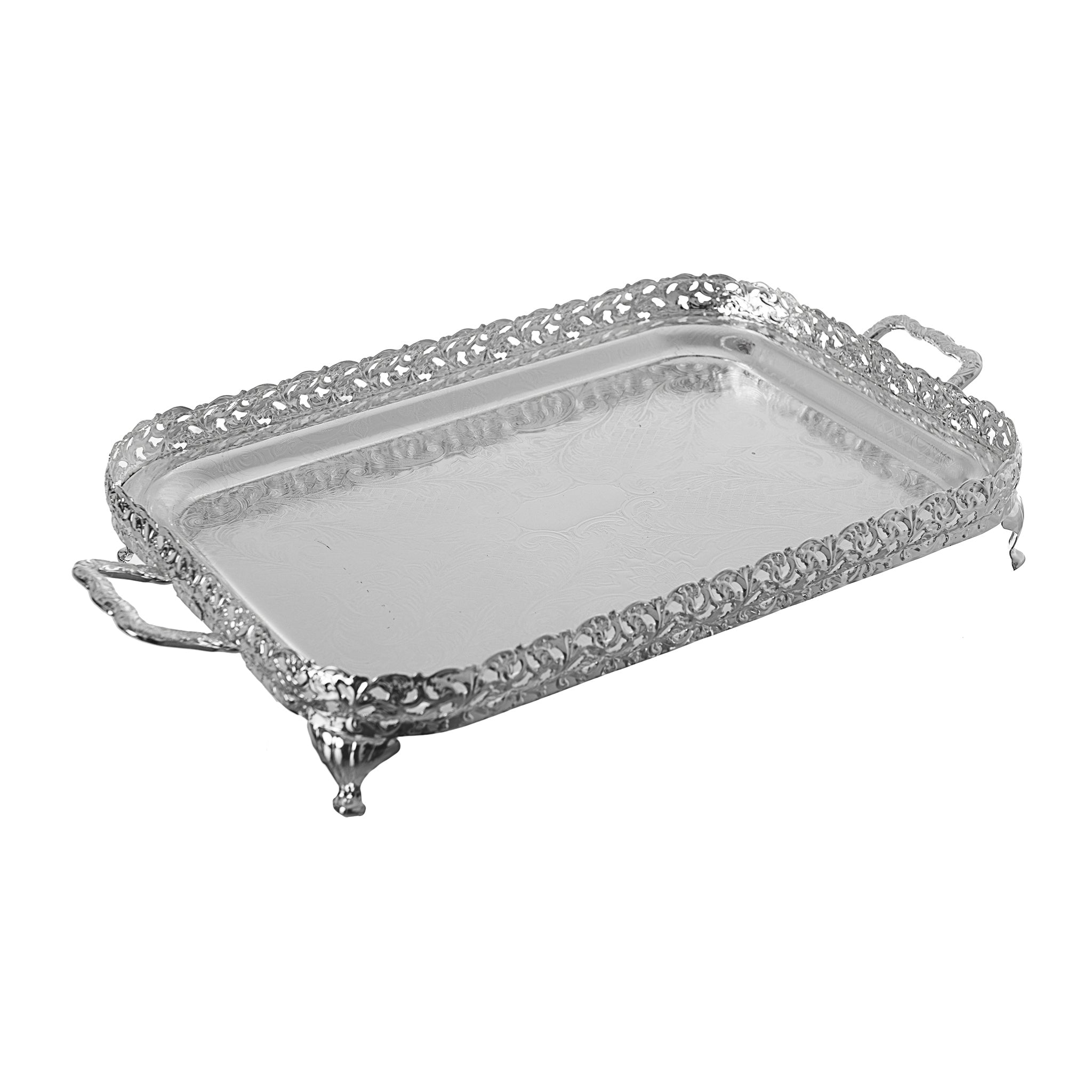 Queen Anne - Rectangular Tray with Handles & Legs - Silver Plated Metal - 50x29cm - 26000269