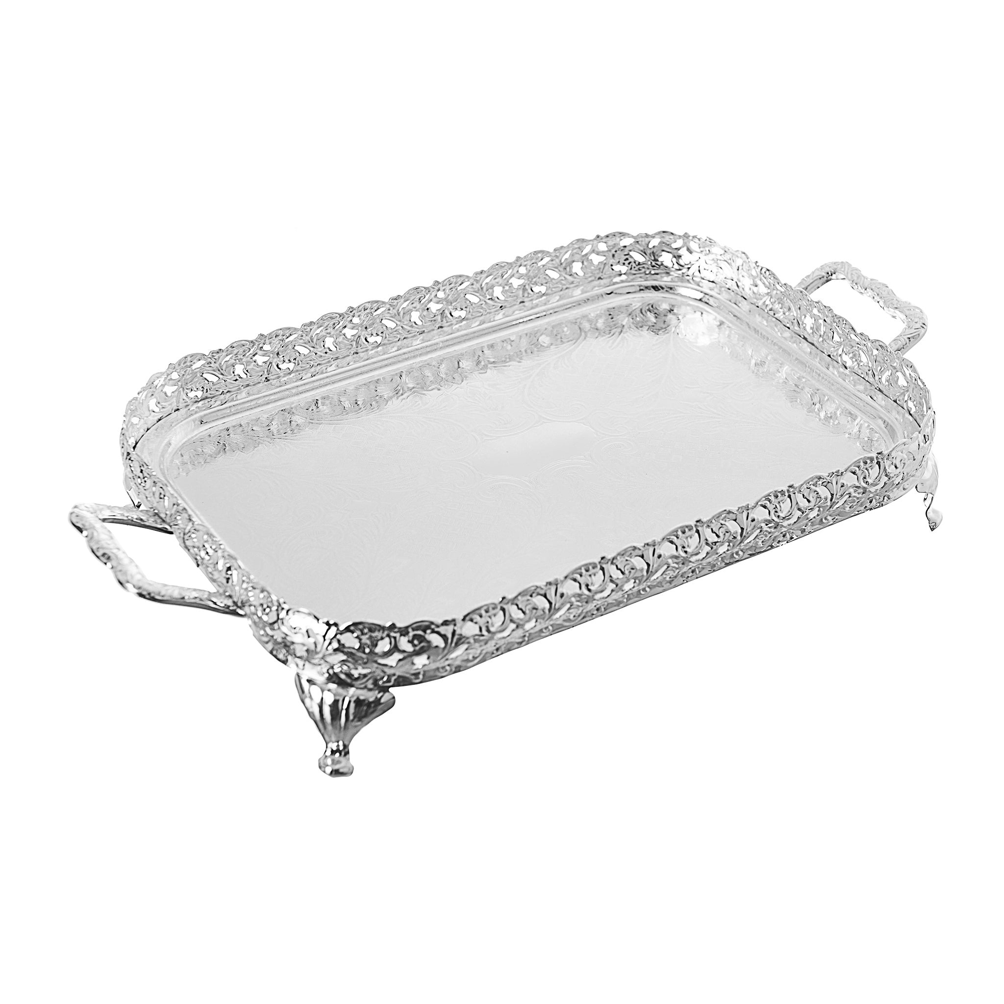 Queen Anne - Rectangular Tray with Handles & Legs - Silver Plated Metal - 43x24cm - 26000270